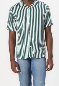 Mann trägt ein grün-weiß gestreiftes Kurzarmhemd mit Knöpfen und hellblaue, zerrissene Jeans, steht vor einem weißen Hintergrund.