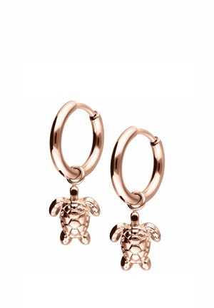 Rose gold hoop earrings with small, detailed turtle-shaped charms hanging from each hoop on a white background.