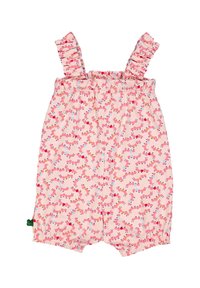 Růžový overal s volánovými ramínky, elastickým pasem a hravým vzorem barevných housenek. Měkká látka s nařasenými otvory na nohavicích.