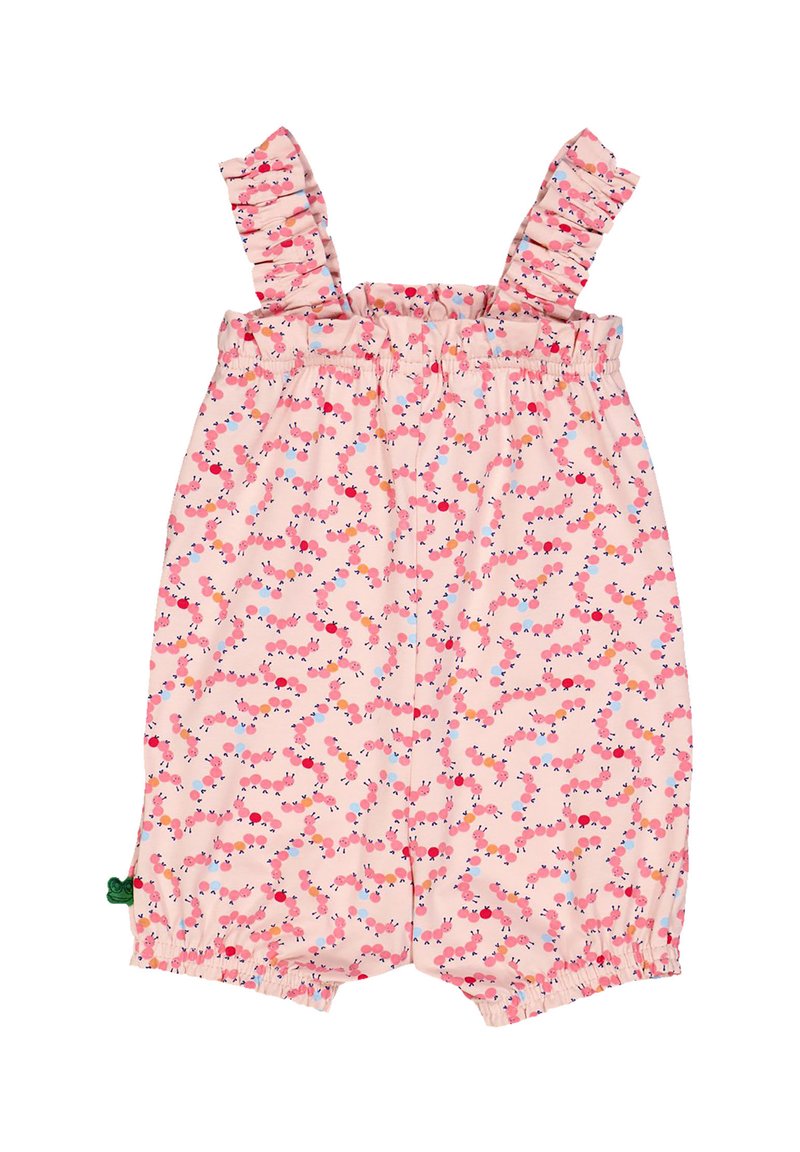 Růžový overal s volánovými ramínky, elastickým pasem a hravým vzorem barevných housenek. Měkká látka s nařasenými otvory na nohavicích.