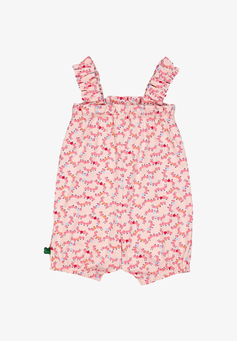 Růžový overal s volánovými ramínky, elastickým pasem a hravým vzorem barevných housenek. Měkká látka s nařasenými otvory na nohavicích.
