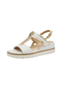 Sandalo in pelle bianca con design T-strap, dettagli in oro, soletta imbottita e suola platform bianca in gomma testurizzata.