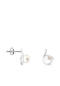 Vita pärlörhängen med silverdetaljer, med en böjd design och små cubic zirconia-stenar för extra glans.