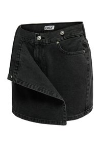Mini-jupe en jean noire avec rabat frontal asymétrique, deux boutons argentés et une petite poche avant.