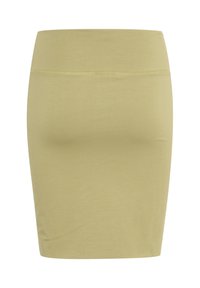 Ceļgalu garuma pieguļošs svārks gaismā olīvu zaļā krāsā, izgatavots no mīksta elastīga auduma ar gludu virsmu un platu elastīgu jostu.