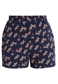 Navy fabric shorts with an elastic waistband, featuring a floral pattern in orange, white, and green on the surface. Soft texture.