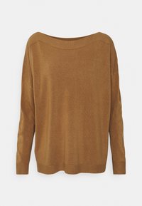 Brązowy sweter dzianinowy z luźnym, szerokim dekoltem, długimi rękawami i ściągaczami. Miękka tekstura i lekko oversize'owy krój.