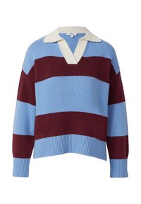 Strickpullover mit abwechselnden Streifen in Hellblau und Burgunderrot, ausgestattet mit einem cremefarbenen Polokragen sowie einem gerippten Saum und Bündchen.