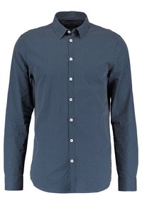 Navy blue long-sleeve shirt with a white geometric pattern, button-down collar, and white buttons. Smooth fabric texture, tailored fit.