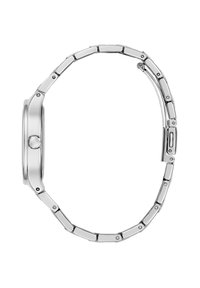 Montre en acier inoxydable argenté avec un boîtier rond, un bracelet à maillons, une finition polie et un bouton minimaliste sur le côté.