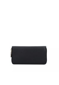 Portafoglio in pelle nera con una texture liscia, forma rettangolare e chiusura con zip. Finiture in argento sui lati.