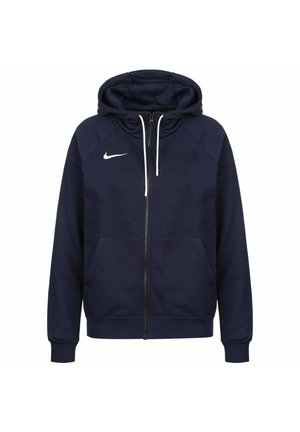 Sweat à capuche zippé bleu marine avec cordons blancs et logo Nike blanc sur la poitrine gauche, avec poches avant et poignets côtelés.