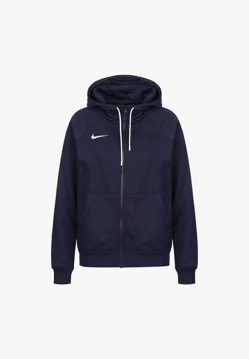 Sweat à capuche zippé bleu marine avec cordons blancs et logo Nike blanc sur la poitrine gauche, avec poches avant et poignets côtelés.