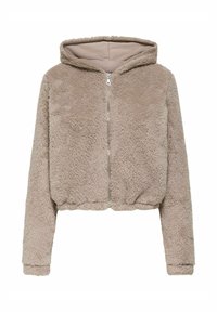 Veste courte beige à capuche en tissu duveteux et texturé, dotée d'une fermeture éclair à l'avant et de poignets et ourlet élastiqués.