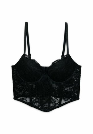 Czarny długi biustonosz z koronki z fiszbinami i regulowanymi cienkimi ramiączkami, ozdobiony kwiatowymi wzorami koronki na całej powierzchni.