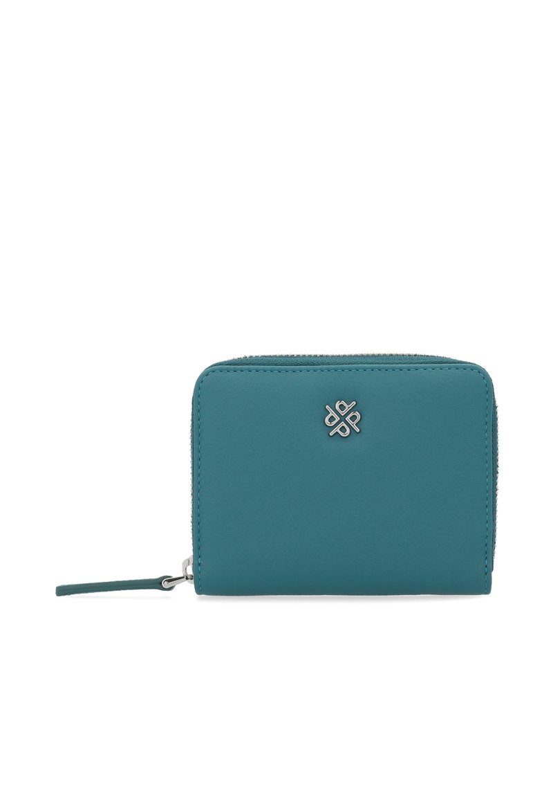Textured teal leather wallet with silver logo, zippered closure, rectangular shape, and a wrist strap for easy carrying.