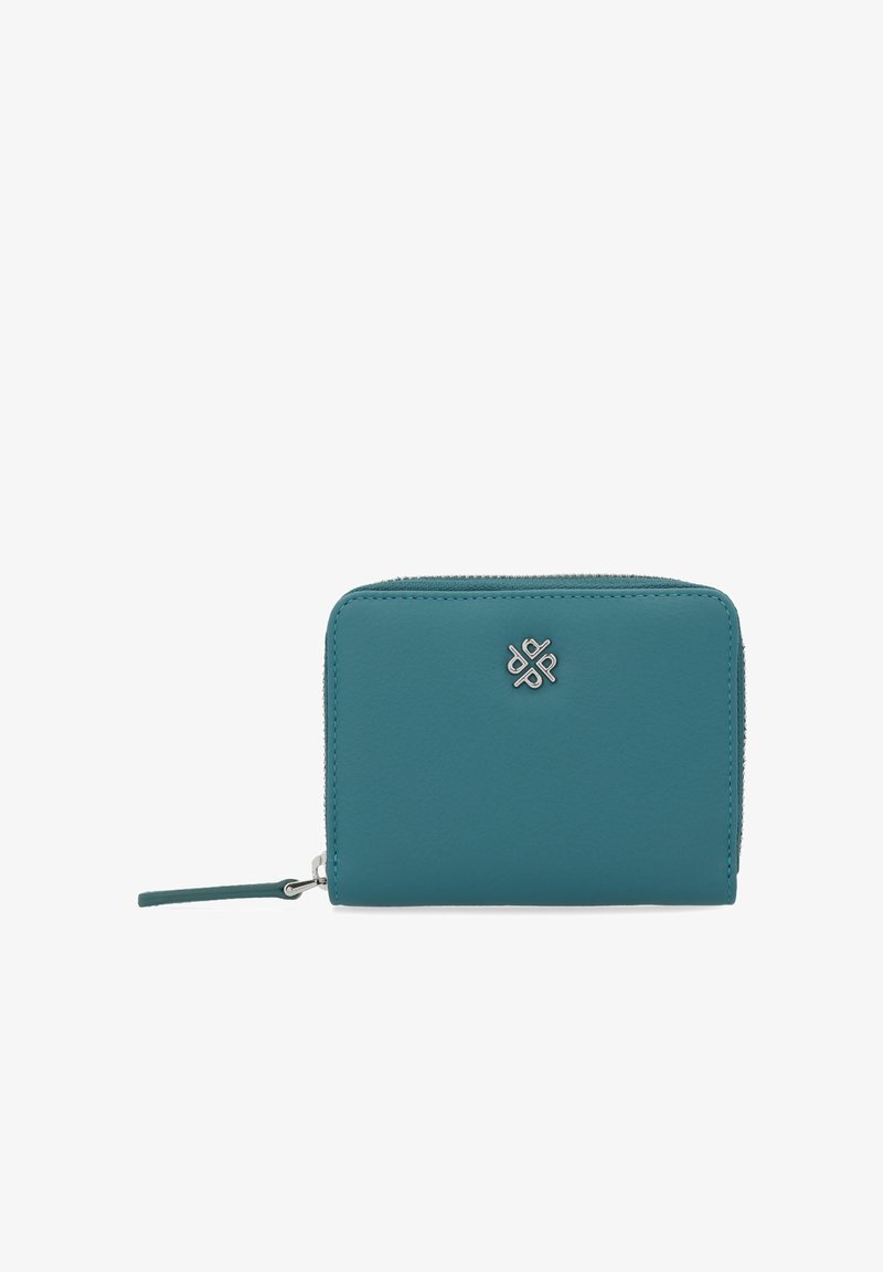 Textured teal leather wallet with silver logo, zippered closure, rectangular shape, and a wrist strap for easy carrying.
