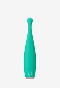 Teal silikon vibrator med en avsmalnende form og rund spiss; glatt tekstur; klar base med sikkerhetssertifiseringer merket.
