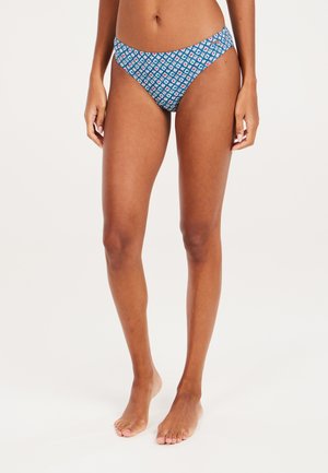 Niebieskie majtki bikini z geometrycznym wzorem w białym i czerwonym kolorze. Charakteryzują się niskim stanem i gładką fakturą.