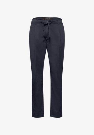 Heren donkerblauwe broek met knoop en trekkoord in de taille, zijzakken en een rechte pijp.