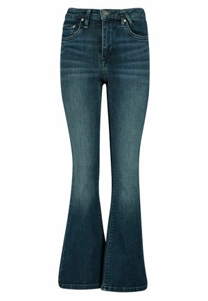 Dunkelblaue Jeans mit hoher Taille, ausgestelltem Bein und vorderen Taschen vor weißem Hintergrund.