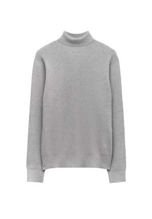 Gray turtleneck sweater made of ribbed fabric. Features long sleeves and a fitted design. Simple and seamless construction.
