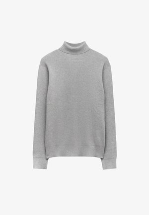 Gray turtleneck sweater made of ribbed fabric. Features long sleeves and a fitted design. Simple and seamless construction.