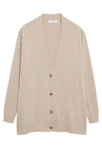 Beige Strickjacke aus weichem Material. Hat einen V-Ausschnitt, lange Ärmel und eine sieben Knopf-Verschlussleiste auf der Vorderseite. Einfache Gestaltung, keine Muster.