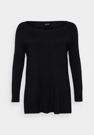 Tunic nera a maniche lunghe realizzata in tessuto morbido, con scollatura ampia e vestibilità comoda, caratterizzata da dettagli di cucitura discreti lungo le maniche.