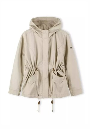 Beige hooded jacket with a drawstring waist, two front pockets, and gold-tone hardware accents. Features a smooth, lightweight fabric.