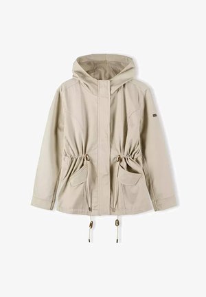 Beżowa kurtka z kapturem z regulowanym w pasie, dwoma przednimi kieszeniami i złotymi akcentami. Posiada gładki, lekki materiał.