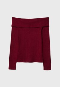 Haut côtelé à col bardot rouge profond, avec manches longues et encolure pliée. Tissu doux et texturé avec une coupe ajustée.