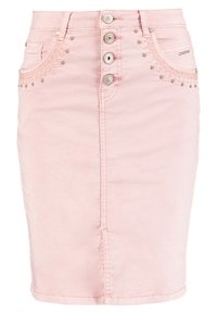 Rosa denimbalem med en figurnära design, fem knappar framtill och dekorativa pärlprydnader på fickorna och sidorna.