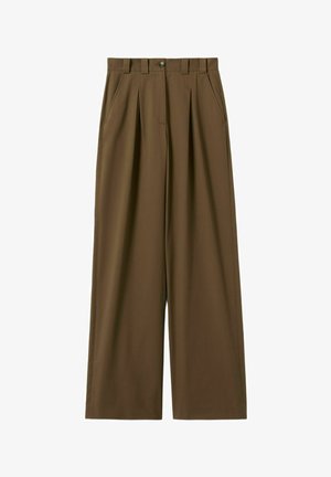 Pantalons à jambes larges en tissu brun riche, avec des plis à l'avant, une fermeture à bouton et des poches latérales pour un design fonctionnel.