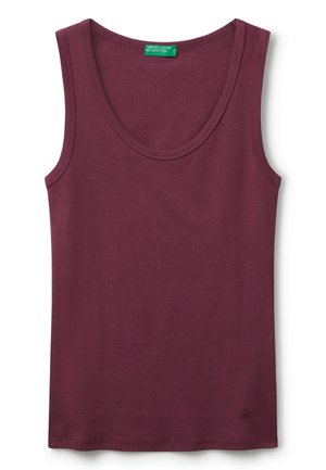 Bordeauxfarbene Tanktop aus weichem Stoff, mit rundem Ausschnitt und ärmellosem Design. Subtiler Logodruck am Saum.