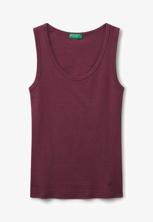 Burgundy tank top made of soft fabric, featuring a rounded neckline and sleeveless design. Subtle logo detail at the hem.