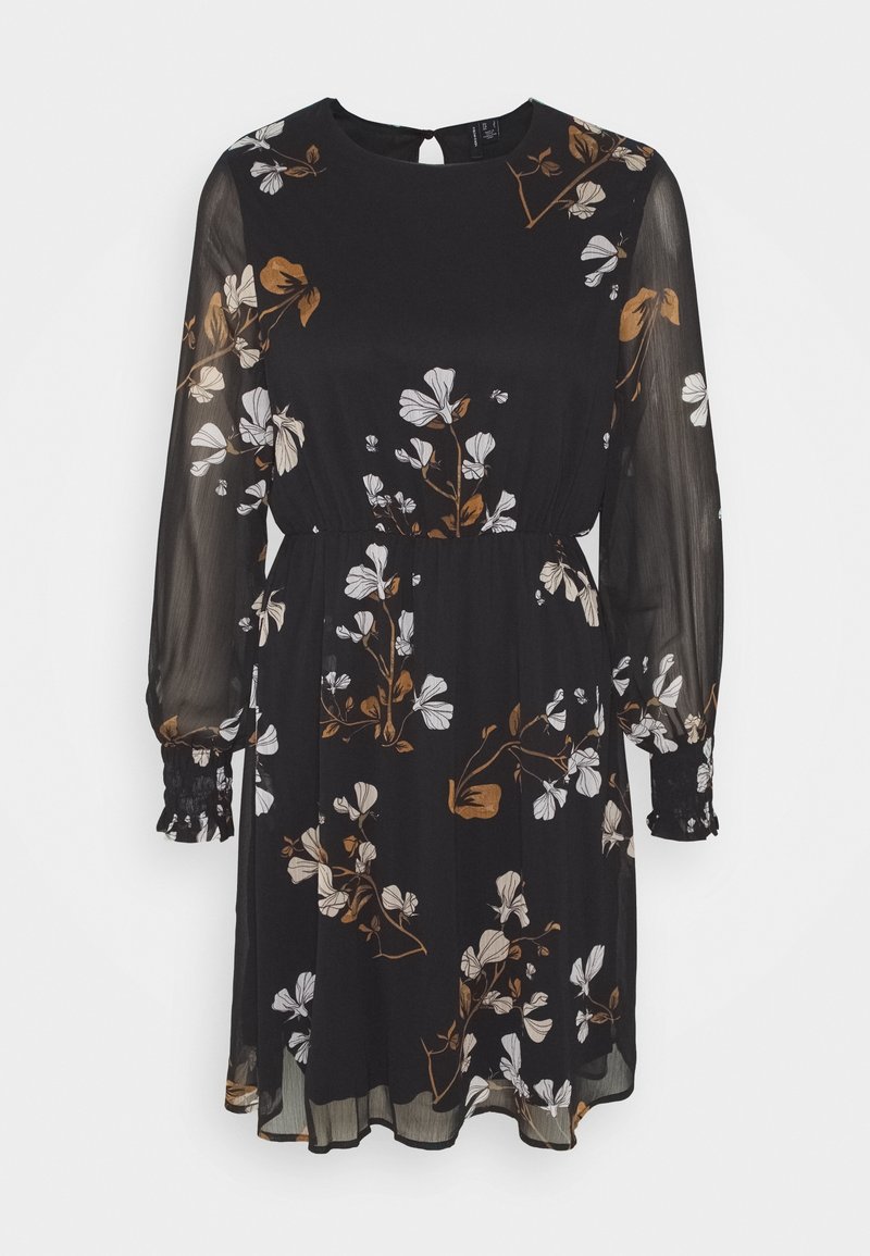 Robe noire longueur genou avec manches longues transparentes, taille élastique et imprimé floral blanc et marron.