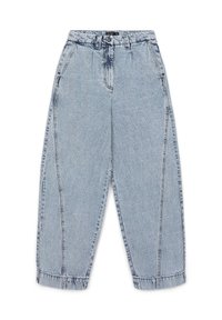 Jeans en denim bleu clair à jambes larges avec taille haute, dotés de poches avant, d'une fermeture à bouton et de détails de décoloration subtils.