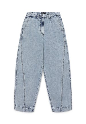 Hellblaue Denim-Hose mit weitem Bein und hoher Taille, ausgestattet mit vorderen Taschen, einem Knopfverschluss und dezenten Verwaschungen.