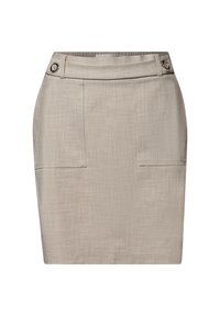 Jupe crayon beige en tissu texturé, dotée de deux poches avant et de boutons argentés à la taille. Coupe ajustée et longueur genou.
