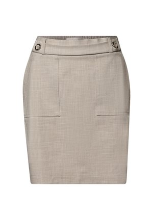 Beige pencil skirt with a textured fabric, featuring two front pockets and silver-tone buttons on the waistband. Tailored fit and knee-length.