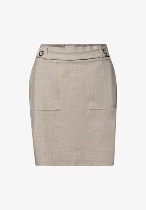 Gonna a matita beige in tessuto texturizzato, con due tasche anteriori e bottoni in tonalità argento sulla vita. Vestibilità sartoriale e lunghezza fino al ginocchio.
