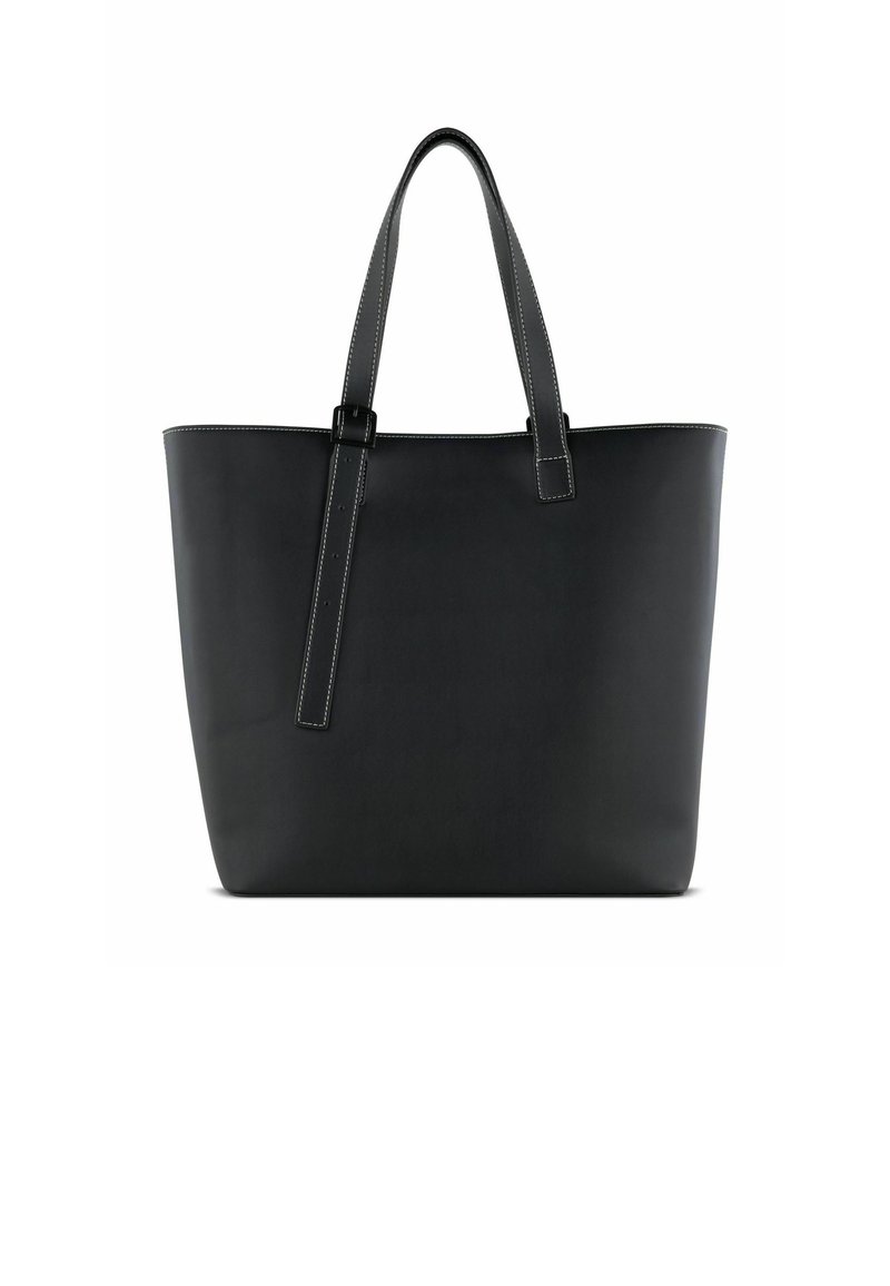 Borsa a tracolla in pelle nera con due manici robusti. Presenta cuciture bianche lungo i bordi e un design semplice e spazioso.