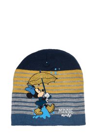 Gorro de punto con rayas en azul marino, amarillo y gris. Decorado con un gráfico de paraguas brillante y el texto "MINNIE mouse" en blanco.