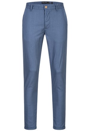 Light blue, slim-fit trousers made from woven fabric. Features a front button closure, belt loops, and rolled cuffs. No visible patterns.