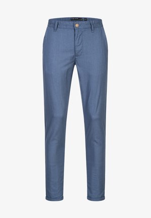 Helle blaue, schmal geschnittene Hose aus gewebtem Stoff. Verfügt über einen Knopfverschluss vorne, Gürtelschlaufen und umgeschlagene Säume. Keine sichtbaren Muster.