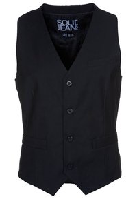 Czarna kamizelka z dekoltem w serek, pięcioma guzikami i pojedynczą kieszenią na piersi. Wykonana z gładkiej tkaniny o lekko dopasowanym kroju.