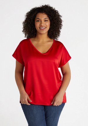 Rotes T-Shirt mit kurzen Ärmeln und V-Ausschnitt, aus glattem Stoff gefertigt. Bietet eine lockere Passform und einen abgerundeten Saum für zusätzlichen Komfort.