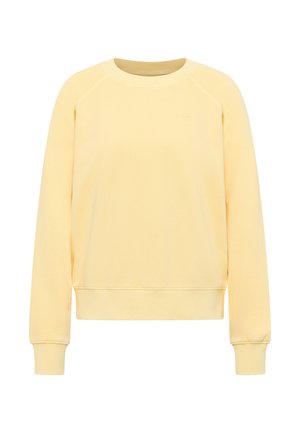Hellgelbes Sweatshirt mit Rundhalsausschnitt, langen Ärmeln sowie gerippten Bündchen und Saum, auf weißem Hintergrund präsentiert.