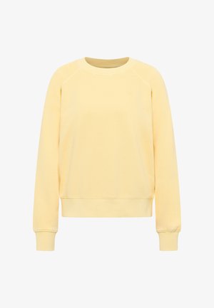 Hellgelbes Sweatshirt mit Rundhalsausschnitt, langen Ärmeln sowie gerippten Bündchen und Saum, auf weißem Hintergrund präsentiert.